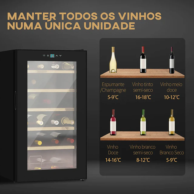 Cave de Vinho para 24 Garrafas 65L com Luz LED Interior Ecrã Tátil Digital Contolo de Temperatura Porta de Vidro e 5 Prateleiras Preto
