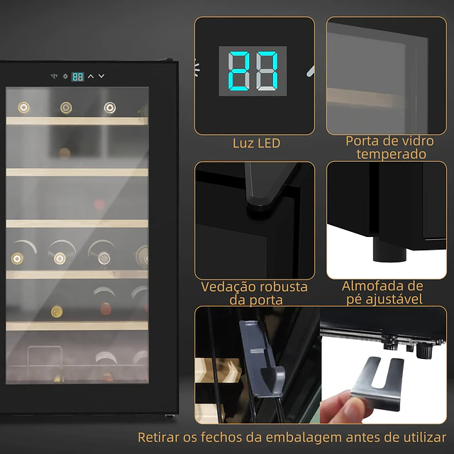 Cave de Vinho para 24 Garrafas 65L com Luz LED Interior Ecrã Tátil Digital Contolo de Temperatura Porta de Vidro e 5 Prateleiras Preto