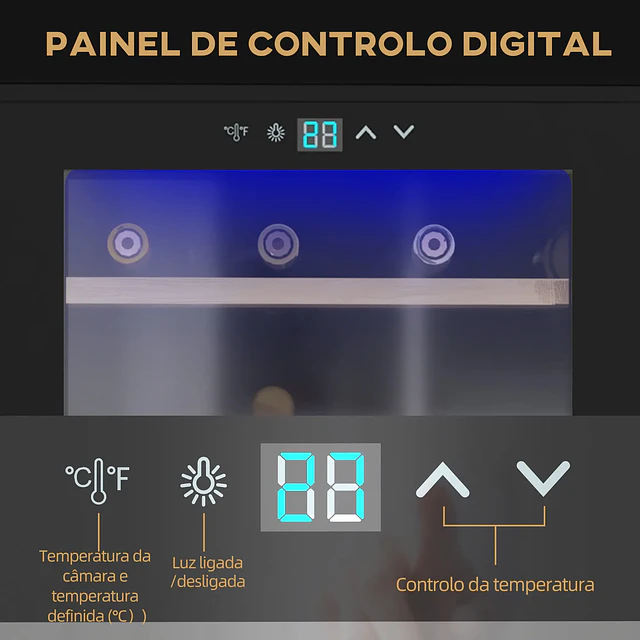 Cave de Vinho para 24 Garrafas 65L com Luz LED Interior Ecrã Tátil Digital Contolo de Temperatura Porta de Vidro e 5 Prateleiras Preto