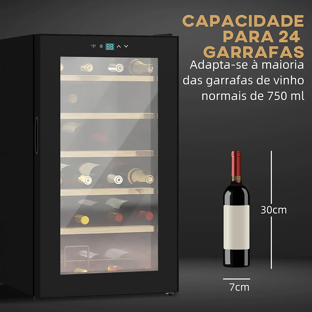 Cave de Vinho para 24 Garrafas 65L com Luz LED Interior Ecrã Tátil Digital Contolo de Temperatura Porta de Vidro e 5 Prateleiras Preto