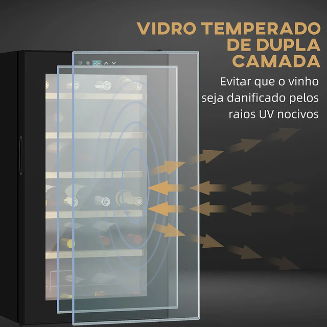 Cave de Vinho para 24 Garrafas 65L com Luz LED Interior Ecrã Tátil Digital Contolo de Temperatura Porta de Vidro e 5 Prateleiras Preto