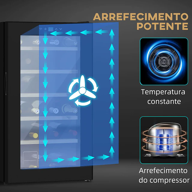 Cave de Vinho para 24 Garrafas 65L com Luz LED Interior Ecrã Tátil Digital Contolo de Temperatura Porta de Vidro e 5 Prateleiras Preto