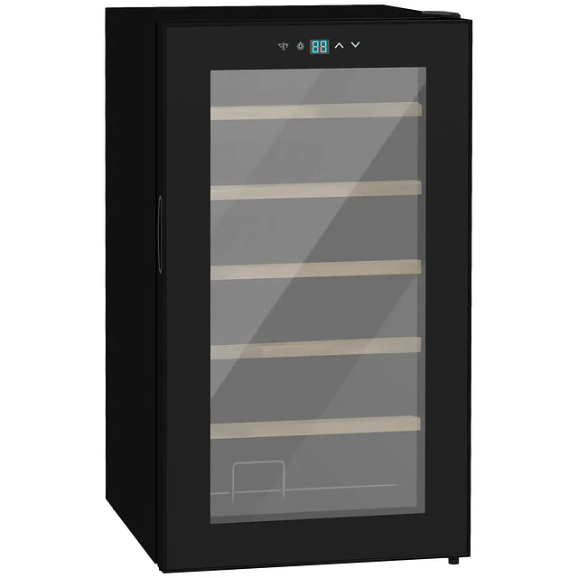 Cave de Vinho para 24 Garrafas 65L com Luz LED Interior Ecrã Tátil Digital Contolo de Temperatura Porta de Vidro e 5 Prateleiras Preto