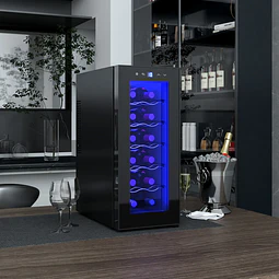Cave de Vinhos 12 Garrafas com Dupla Refrigeração Termoelétrica Temperatura Ajustável 8-18℃ Porta de Vidro Anti-UV Ecrã LED Luz Interior Preto