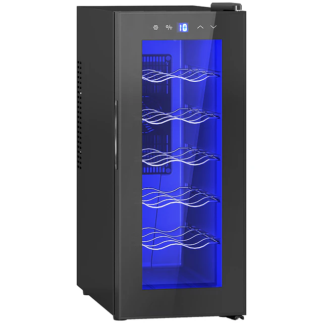 Cave de Vinhos 12 Garrafas com Dupla Refrigeração Termoelétrica Temperatura Ajustável 8-18℃ Porta de Vidro Anti-UV Ecrã LED Luz Interior Preto