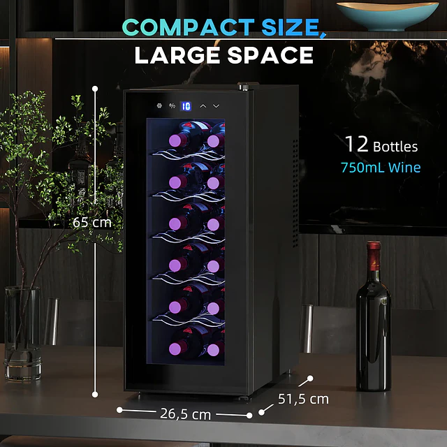 Cave de Vinhos 12 Garrafas com Dupla Refrigeração Termoelétrica Temperatura Ajustável 8-18℃ Porta de Vidro Anti-UV Ecrã LED Luz Interior Preto