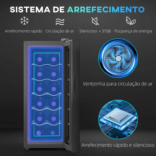 Cave de Vinhos 12 Garrafas com Dupla Refrigeração Termoelétrica Temperatura Ajustável 8-18℃ Porta de Vidro Anti-UV Ecrã LED Luz Interior Preto