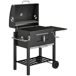 Barbecue a Carvão com Rodas Tampa Grelhas de Aço Inoxidável Termômetro Bandeja Lateral e Prateleira 113x65x108 cm Preto