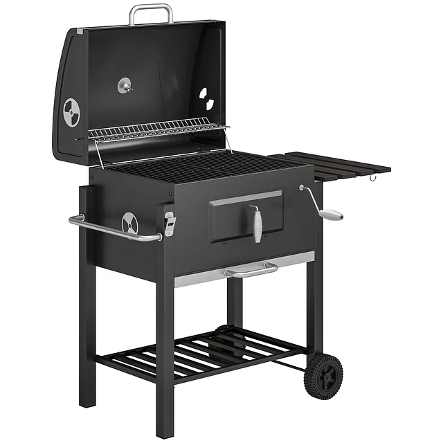Barbecue a Carvão com Rodas Tampa Grelhas de Aço Inoxidável Termômetro Bandeja Lateral e Prateleira 113x65x108 cm Preto