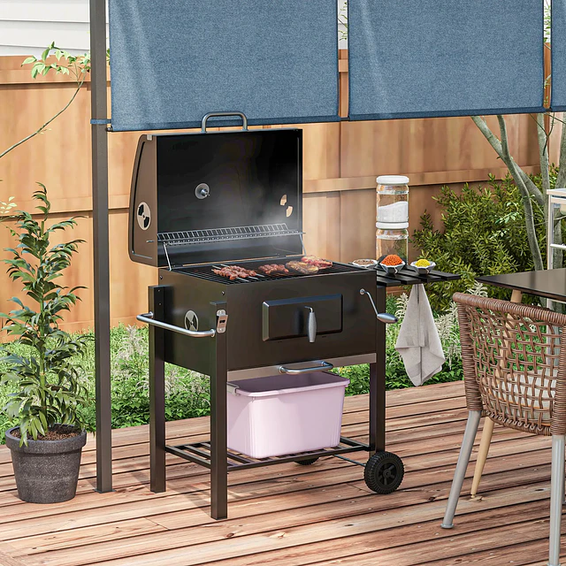 Barbecue a Carvão com Rodas Tampa Grelhas de Aço Inoxidável Termômetro Bandeja Lateral e Prateleira 113x65x108 cm Preto