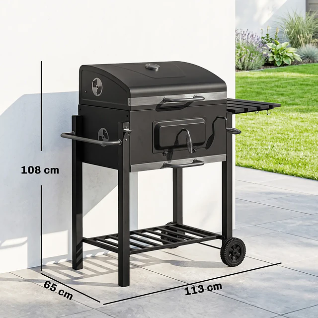 Barbecue a Carvão com Rodas Tampa Grelhas de Aço Inoxidável Termômetro Bandeja Lateral e Prateleira 113x65x108 cm Preto