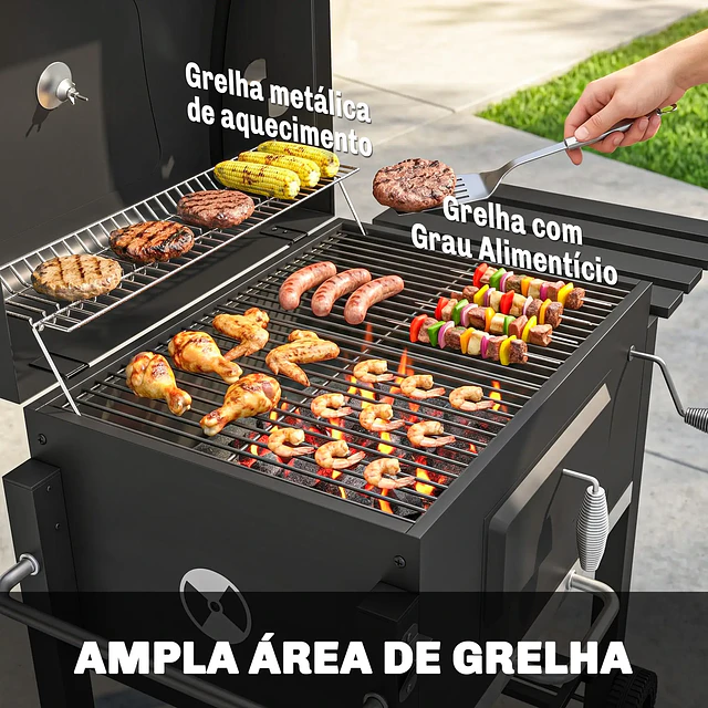 Barbecue a Carvão com Rodas Tampa Grelhas de Aço Inoxidável Termômetro Bandeja Lateral e Prateleira 113x65x108 cm Preto