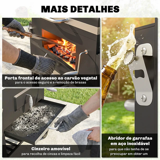 Barbecue a Carvão com Rodas Tampa Grelhas de Aço Inoxidável Termômetro Bandeja Lateral e Prateleira 113x65x108 cm Preto