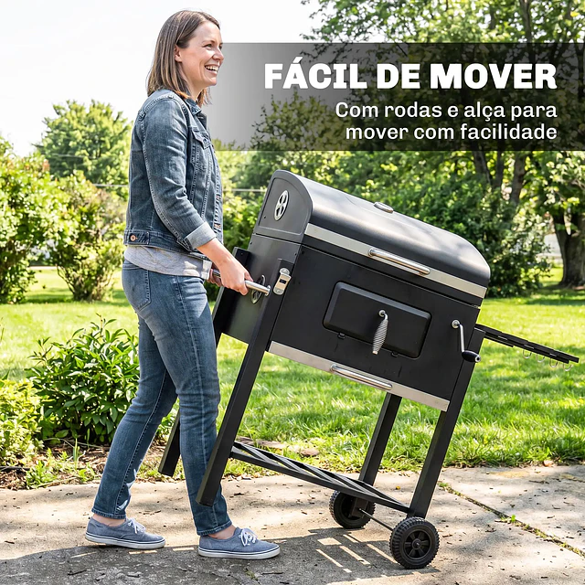 Barbecue a Carvão com Rodas Tampa Grelhas de Aço Inoxidável Termômetro Bandeja Lateral e Prateleira 113x65x108 cm Preto