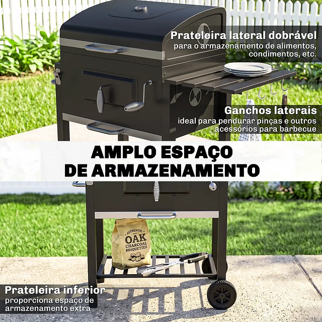 Barbecue a Carvão com Rodas Tampa Grelhas de Aço Inoxidável Termômetro Bandeja Lateral e Prateleira 113x65x108 cm Preto