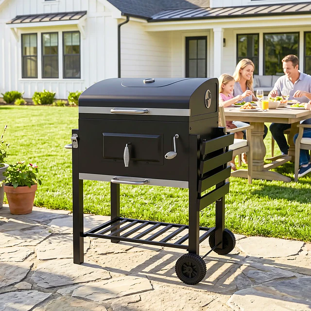 Barbecue a Carvão com Rodas Tampa Grelhas de Aço Inoxidável Termômetro Bandeja Lateral e Prateleira 113x65x108 cm Preto