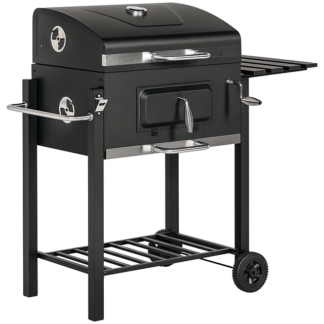 Barbecue a Carvão com Rodas Tampa Grelhas de Aço Inoxidável Termômetro Bandeja Lateral e Prateleira 113x65x108 cm Preto