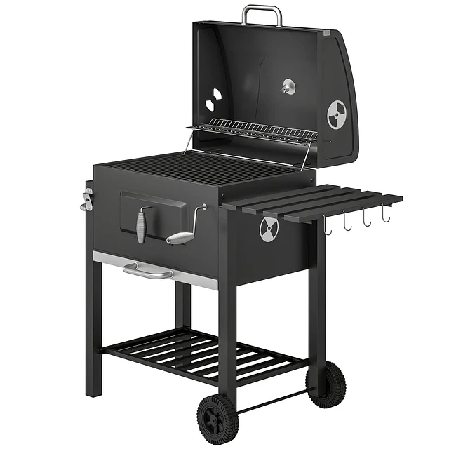 Barbecue a Carvão com Rodas Tampa Grelhas de Aço Inoxidável Termômetro Bandeja Lateral e Prateleira 113x65x108 cm Preto