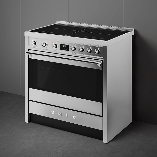 Fogão, 90x60 cm, Nº de fornos com etiqueta energética: 1, Placas de Indução, Classica, Aço inox, A+, Programa de limpeza VaporClean, Pirolítica | 115 L, A90I001PX 