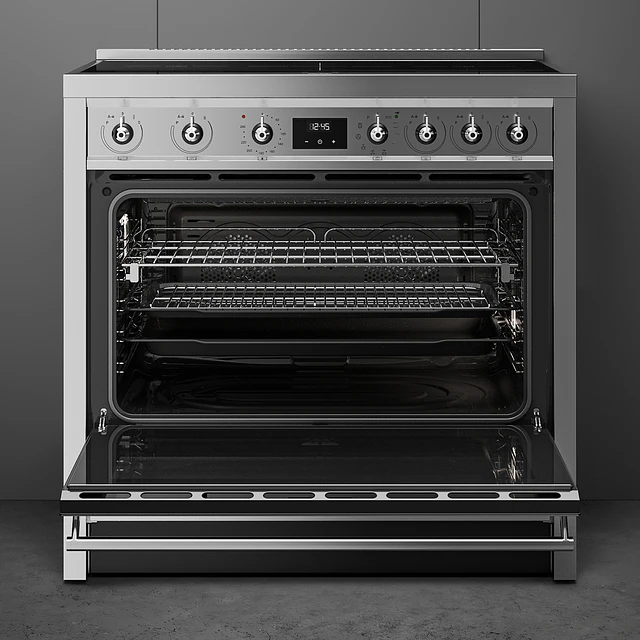 Fogão, 90x60 cm, Nº de fornos com etiqueta energética: 1, Placas de Indução, Classica, Aço inox, A+, Programa de limpeza VaporClean, Pirolítica | 115 L, A90I001PX 