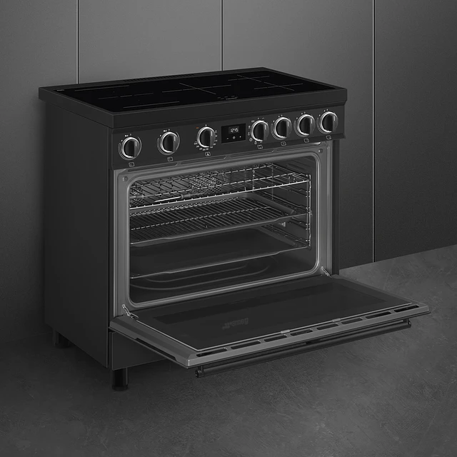 Fogão, 90x60 cm, Nº de fornos com etiqueta energética: 1, Placas de Indução, Classica, Preto Mate, A, Programa de limpeza VaporClean, 115 L, C91IEA2