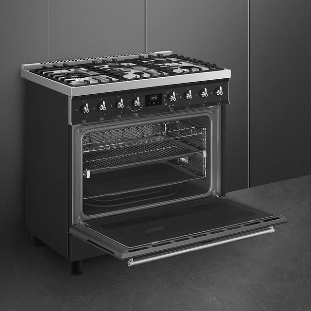 Fogão, 90x60 cm, Nº de fornos com etiqueta energética: 1, Placa a gás, Classica, Preto Mate, A, Sistema de limpeza com painéis catalíticos, 115 L, C95GMCMB2 