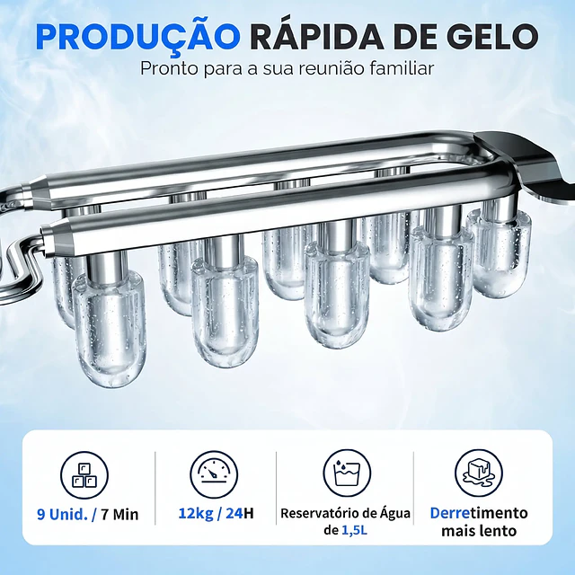 Máquina de Gelo Autolimpável 12 kg/24H 9 Cubos Prontos em 7 Minutos 2 Tamanhos de Gelo Depósito de 1,5L Branco