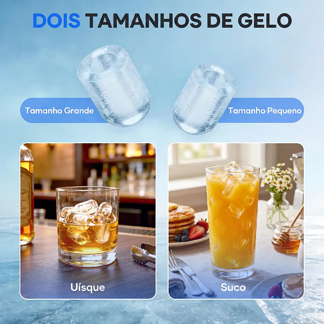 Máquina de Gelo Autolimpável 12 kg/24H 9 Cubos Prontos em 7 Minutos 2 Tamanhos de Gelo Depósito de 1,5L Branco