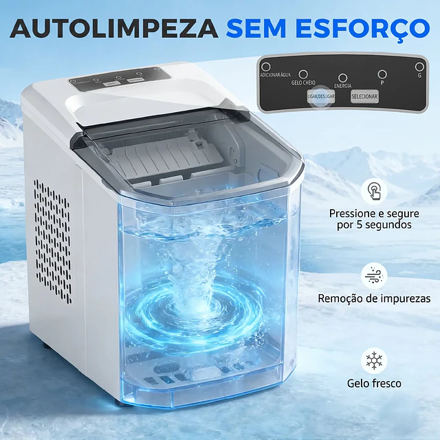 Máquina de Gelo Autolimpável 12 kg/24H 9 Cubos Prontos em 7 Minutos 2 Tamanhos de Gelo Depósito de 1,5L Branco