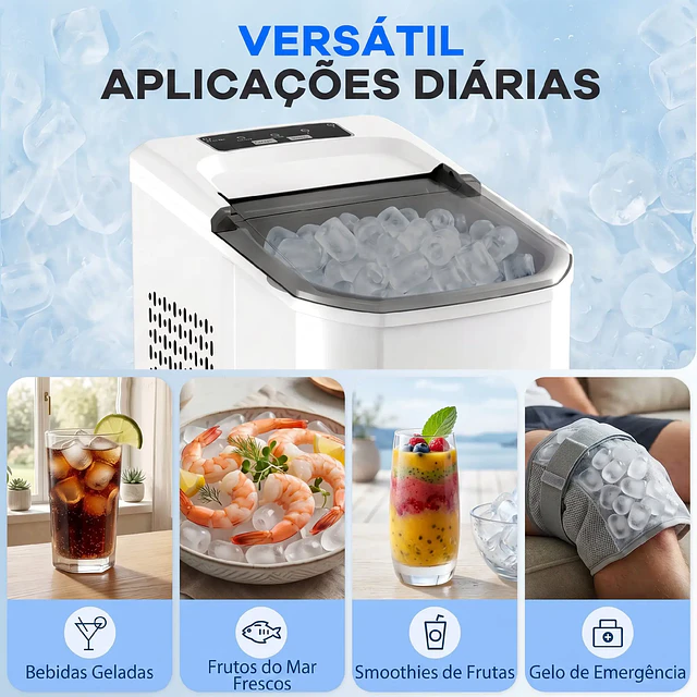 Máquina de Gelo Autolimpável 12 kg/24H 9 Cubos Prontos em 7 Minutos 2 Tamanhos de Gelo Depósito de 1,5L Branco
