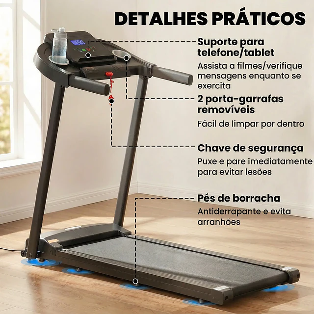 HOMCOM Passadeira para Casa 1-12 KM/H 1,5HP com 12 Programas Rodas Ecrã LED e Suporte para Telemóvel para Casa ou Escritório