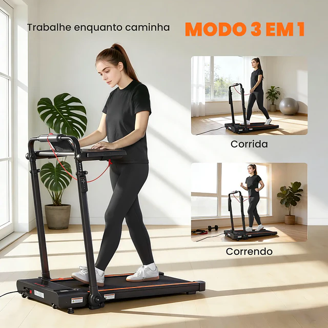 SPORTNOW Passadeira Dobrável Elétrica 2.5HP com Secretária Destacável e Guiador Ajustável em Altura 1-12 km/h Ecrã LED 125x70x102-111 cm Preto