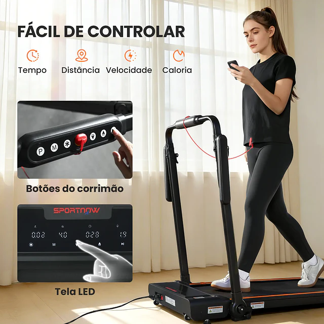 SPORTNOW Passadeira Dobrável Elétrica 2.5HP com Secretária Destacável e Guiador Ajustável em Altura 1-12 km/h Ecrã LED 125x70x102-111 cm Preto