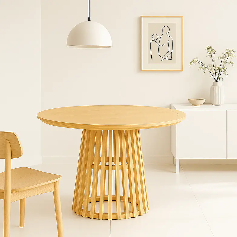 Mesa Redonda de 100 cm Madera Natural con Base Estilo Rejilla Reza Feiz 2