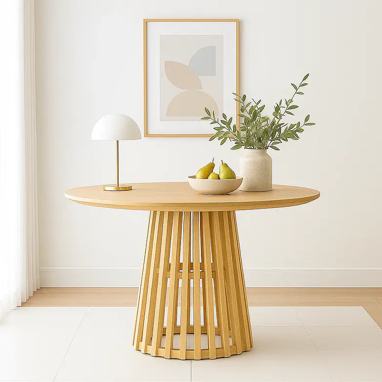 Mesa Redonda de 100 cm Madera Natural con Base Estilo Rejilla Reza Feiz 1