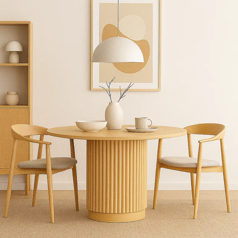 Mesa Redonda de 130 cm Madera Natural con Base Rejilla Cilindrica Reza Feiz  3