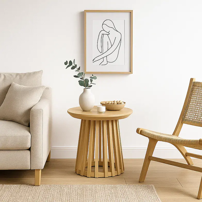 Mesa Redonda de Apoyo de 50 cm Madera Natural con Base Estilo Rejilla Reza Feiz  3