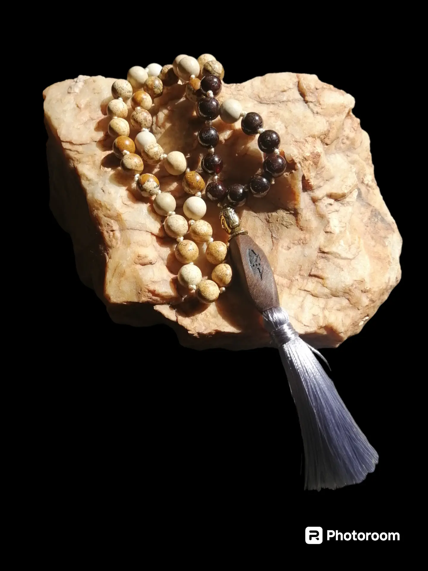 Japa Mala Jaspe Paisina y Piedra Volcánica de 6mm 7