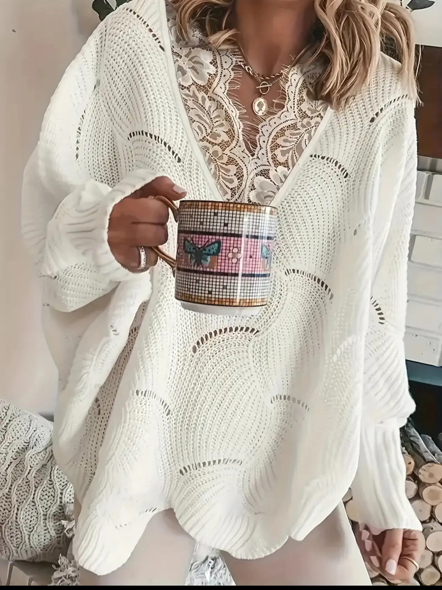 Sweter Blanco con encaje Talla L 1