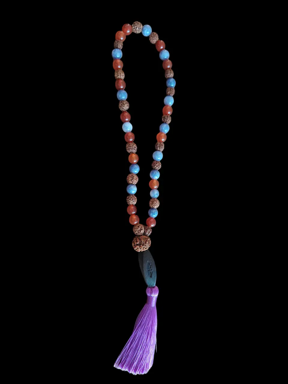 Japa Mala 45 cuentas de Cornalina, Rudraksha y Aguamarina 8mm 1