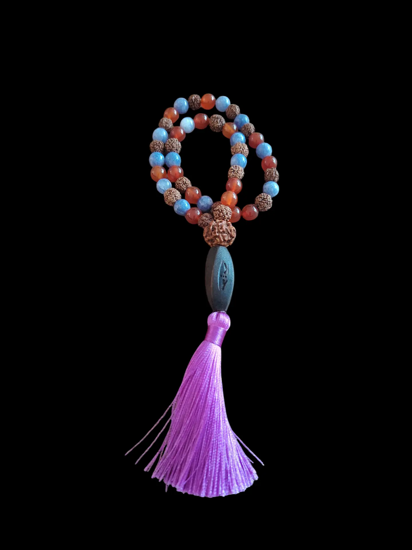 Japa Mala 45 cuentas de Cornalina, Rudraksha y Aguamarina 8mm 2