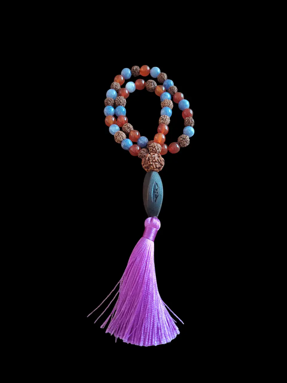 Japa Mala 45 cuentas de Cornalina, Rudraksha y Aguamarina 8mm 2