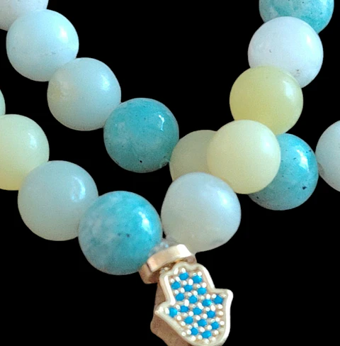 Japa Mala 45 cuentas de Aguamarina, Jade limón y Amazonita 8mm