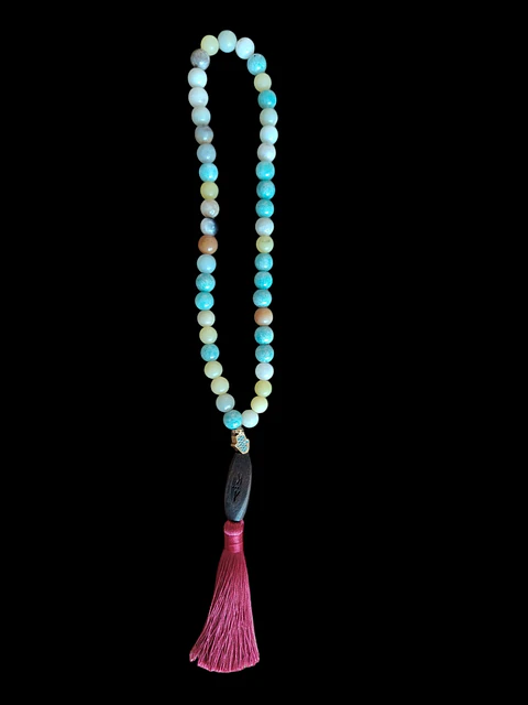 Japa Mala 45 cuentas de Aguamarina, Jade limón y Amazonita 8mm