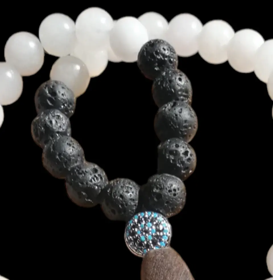 Japa Mala 45 cuentas de Piedra Volcánica y Cuarzo Rosa 3
