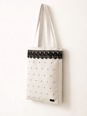 Cartera Tote Canvas Crudo Con Encaje Negro Mujer