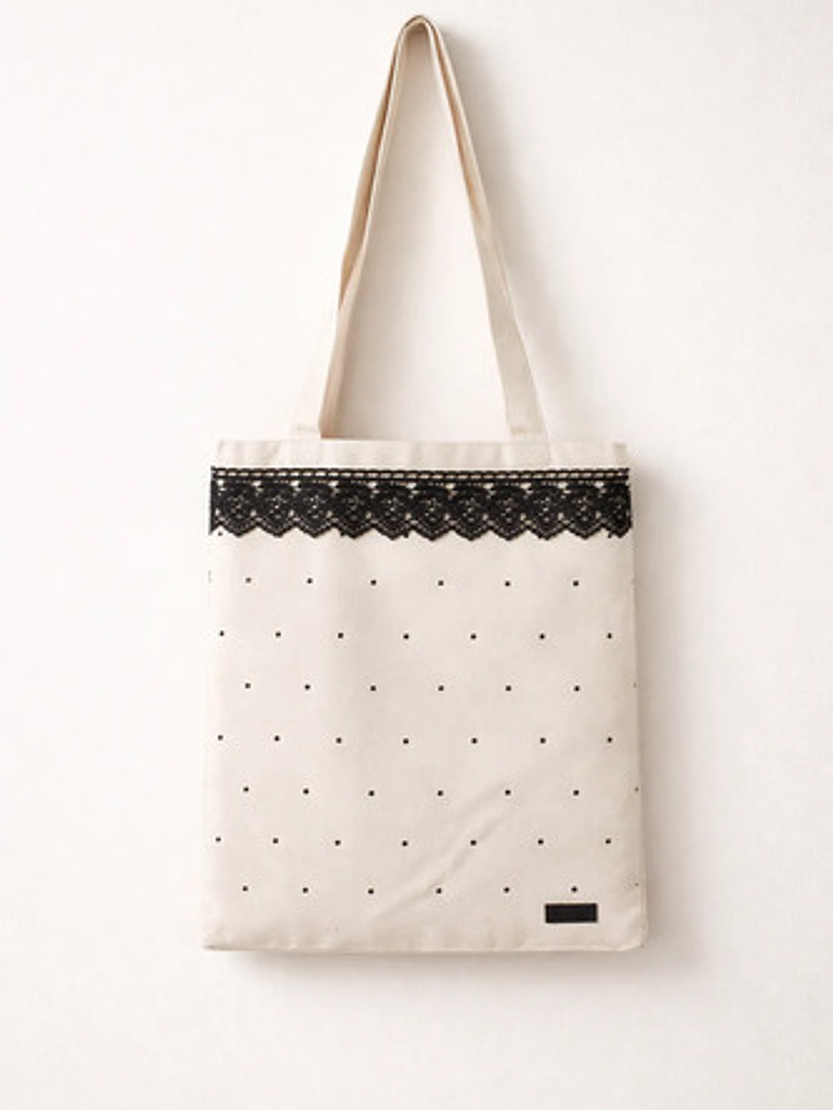 Cartera Tote Canvas Crudo Con Encaje Negro Mujer 5
