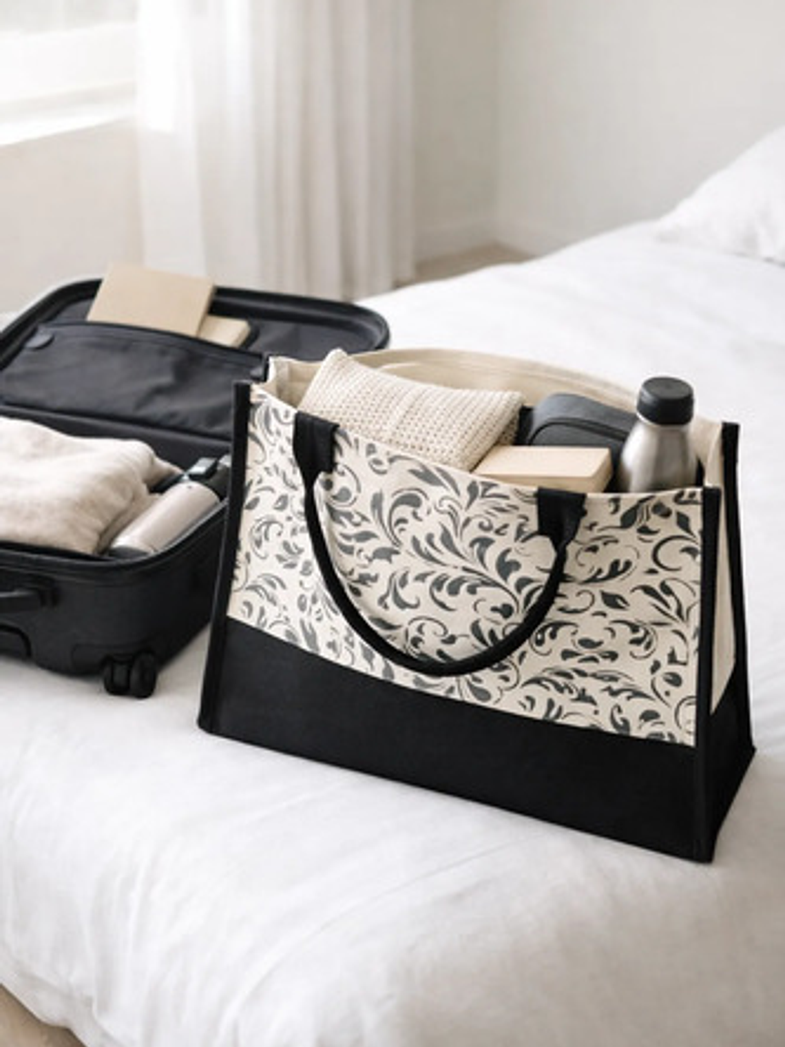 Bolso Modelo Shopper Lona Bicolor Negro Mujer 5