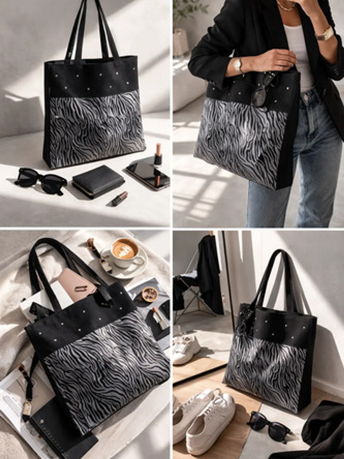 Cartera Tote Mujer Cebra Negra Urbana Diseño Exclusivo 4