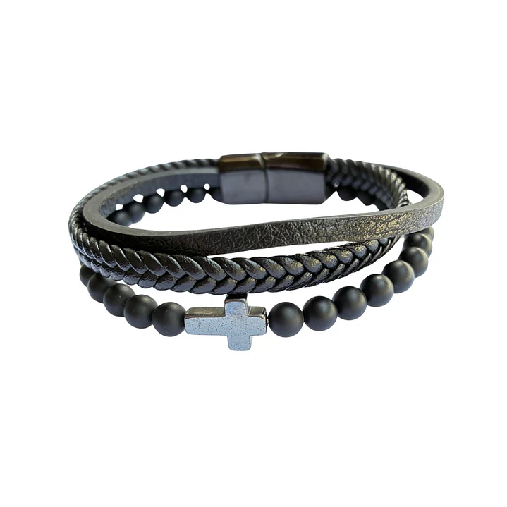 PULSERA LEATHER CROSS BLACK 1